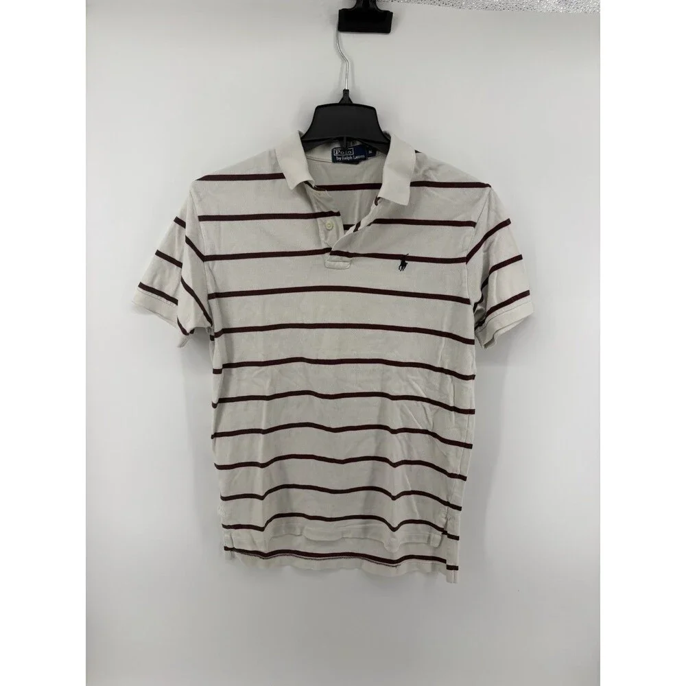 Polo Ralph Lauren Men’s Striped Polo Shirt Maroon And Cream Logo Size Medium